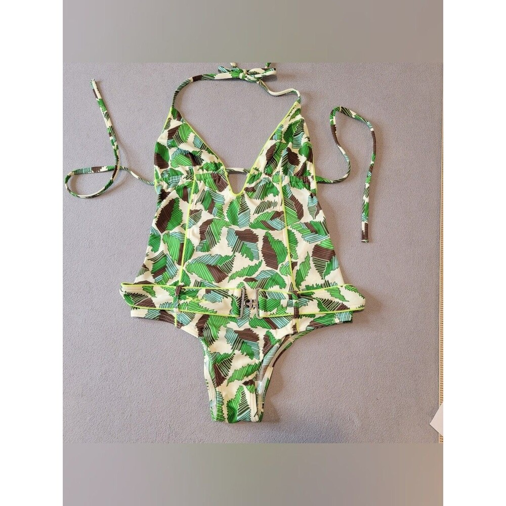 Diesel Vintage One Piece Floral Tropical Green Brown Swimsuit Size Small